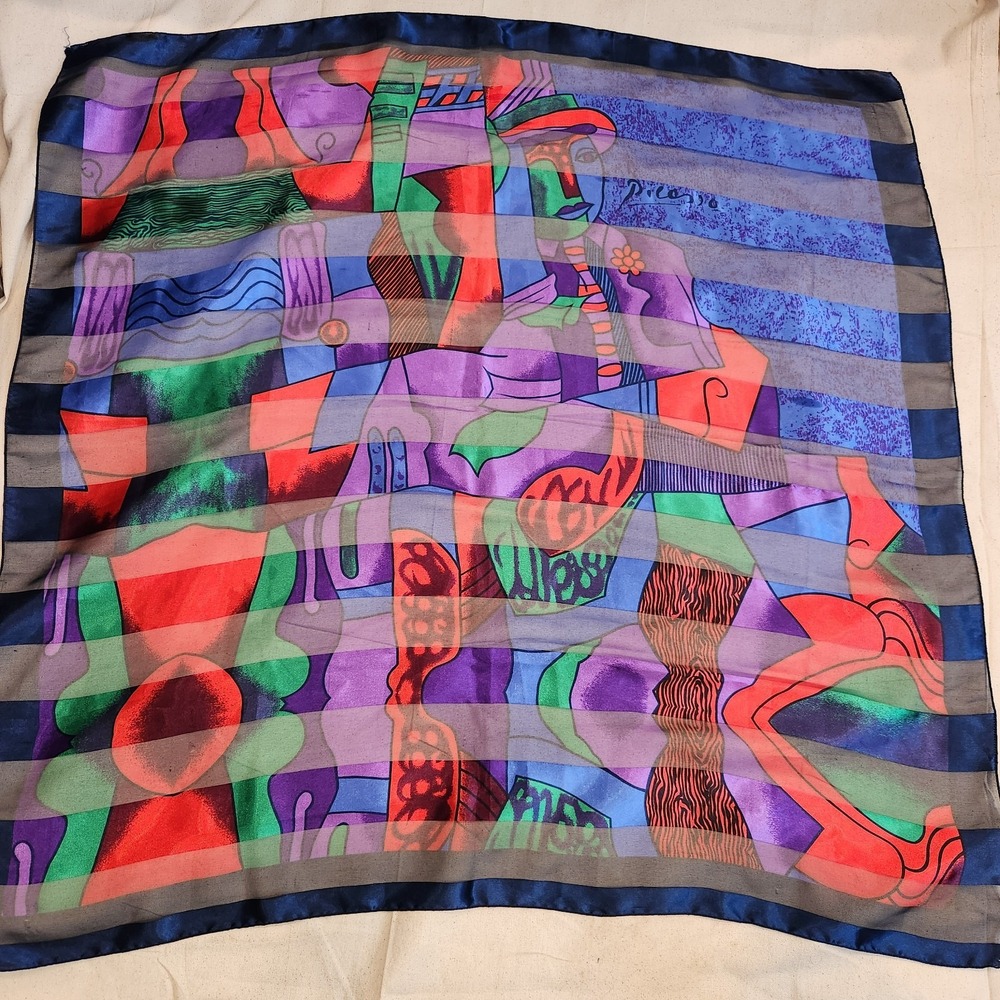 Vintage Picasso Style Abstract Geometric Art Print Sheer Scarf Blue Purple 39"